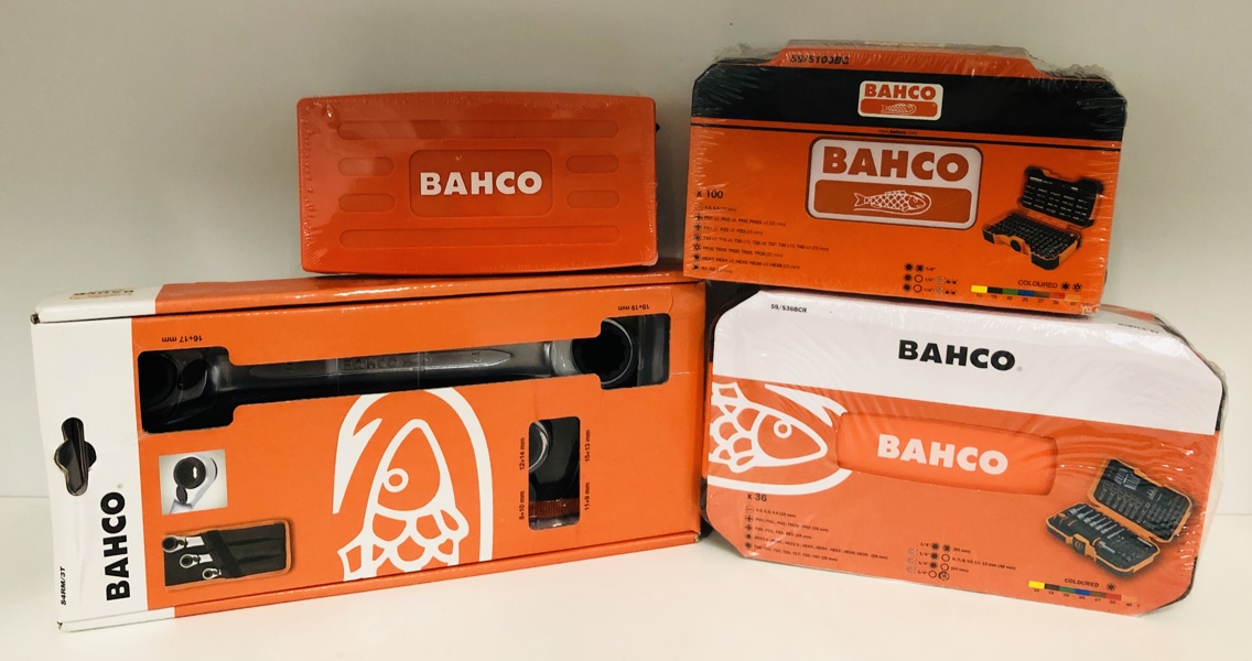 Bahco SL25 topnøglesæt m. 25 dele, 59/S100BC bitssæt m. 100 dele, 59/S36BCR skralde/bitssæt m. 36 dele samt ring-skraldenøglesæt m. 3 dele (H 124/25)