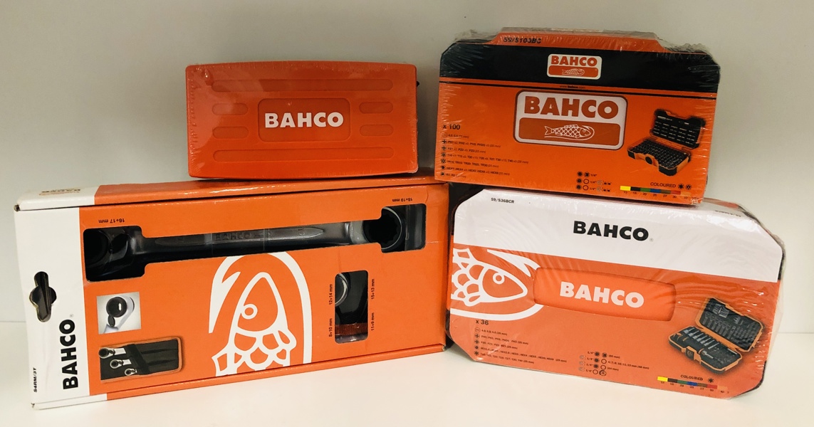 Bahco SL25 topnøglesæt m. 25 dele, 59/S100BC bitssæt m. 100 dele, 59/S36BCR skralde/bitssæt m. 36 dele samt ring-skraldenøglesæt m. 3 dele (H 124/25)