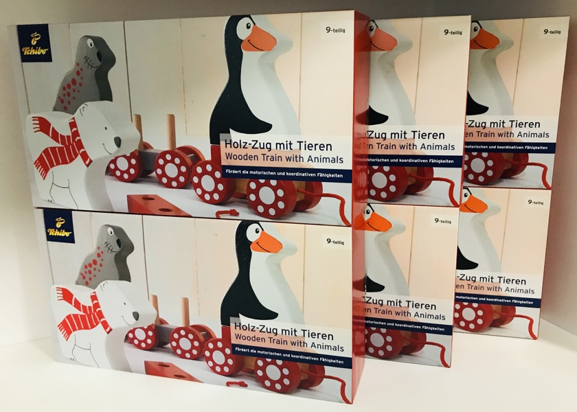 Parti: Tchibo klassisk trælegetøj "Træ-tog med dyr". 6 kasser m. 9 dele.