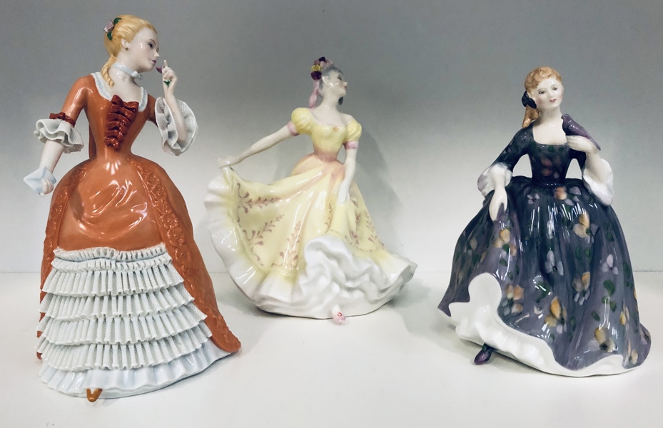 3 Royal Doulton/Franklin Mint figurer af porcelæn: "A Rose for Genevieve" (22cm) Ninette (21cm) samt Nicola (19cm)