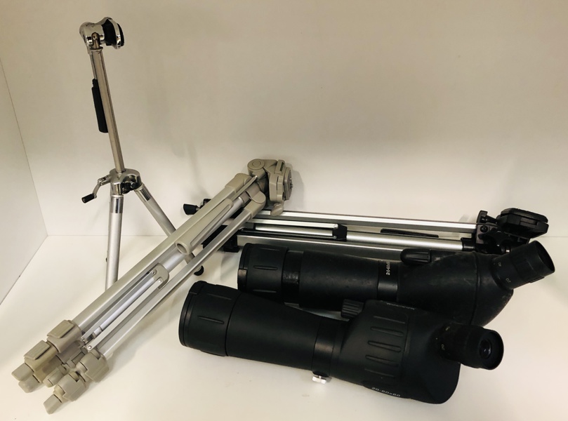 Samling af udsigtskikkert og stativer/tripods - herunder Horizon 20-60x60, Bresser 20-60x60 og Ideal PFV 03