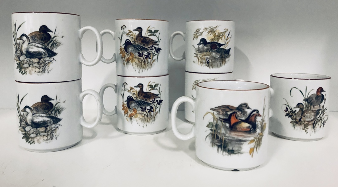 8 Mads Stage 'Jagtstel' kopper: atlingand, hvinand, mandarinand, taffeland, edderfugl