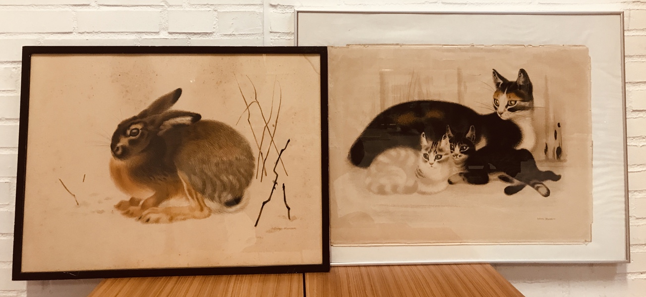2 litografier af Aage Sikker Hansen (1897-1955) litografi: ´Hare´ og ´Kattemor med killinger´ 