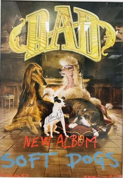D-A-D 'Soft Dogs' turneplakat monteret i ramme. Signeret af Jesper Binzer; Stig Pedersen; Jacob "Cobber" Binzer; Laust Sonne