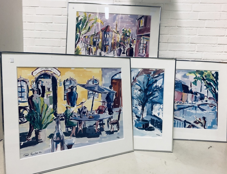 4 Paller Mernild litografier: caféliv (306/350), byliv (328/350), byliv (334/350) samt gondol- og promenadelive (297/350)