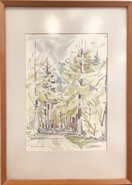 Akvarel 'Pamhule, Maj 1991' skabt af Jørn Bjerre (1926-2016)