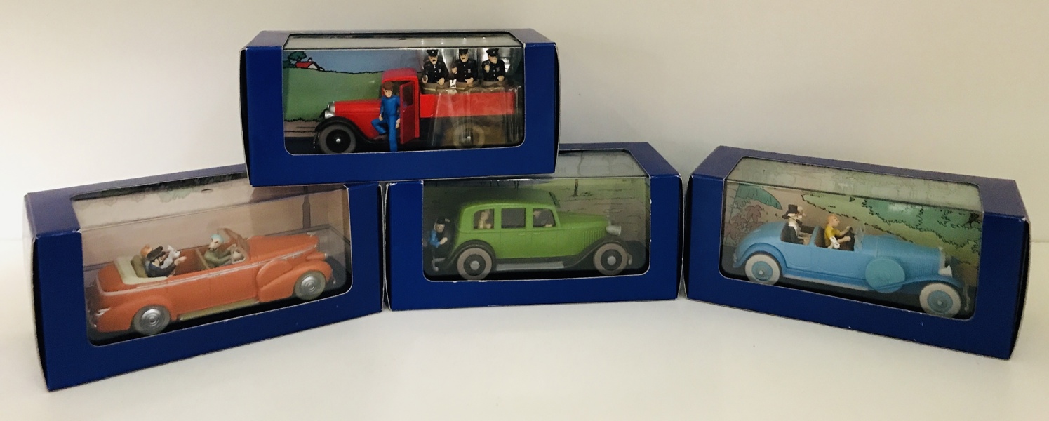 Samling af Tintin modelbiler (4 enheder), fremstår som ny og i original emballage 