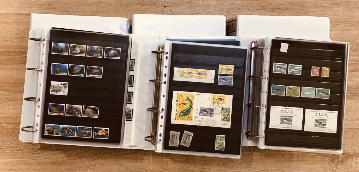 Frimærker: 6 store mapper m. fiske-tema (hele verdenen)