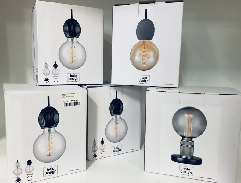  +M: Halo Design (4 pendler / 1 bordlampe): 3 CPH Opal pendelophæng, Light Cement pendelophæng samt Halo Bordlampe m. marmorfod