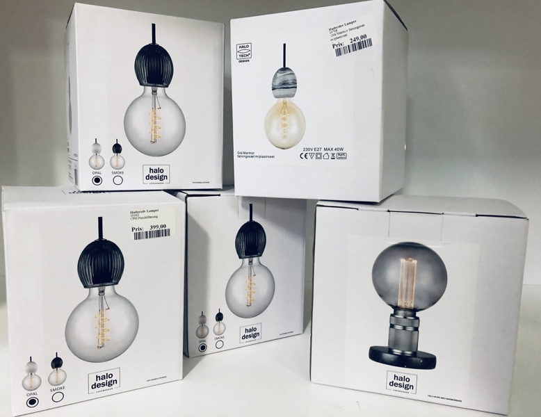  +M: Halo Design (4 pendler / 1 bordlampe): 3 CPH Opal pendelophæng, Grey Marmor pendelophæng samt Halo Bordlampe m. marmorfod