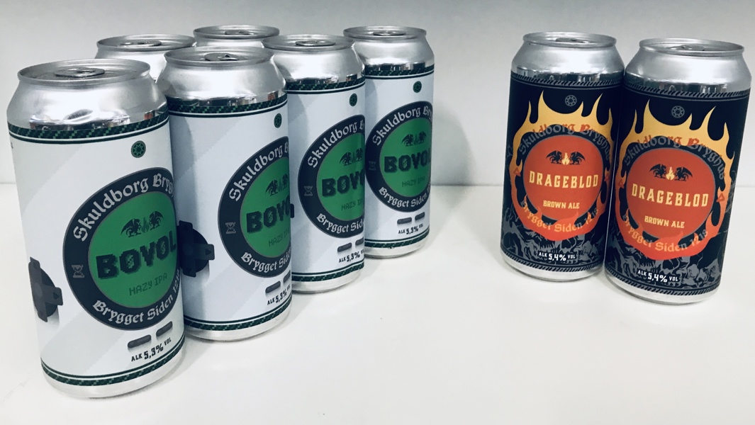 +M: 9 Skuldborg Bryghus øl (44cl): 7 stk. Bøvøl (Hazy IPA) samt 2 Drageblod (Brown Ale)