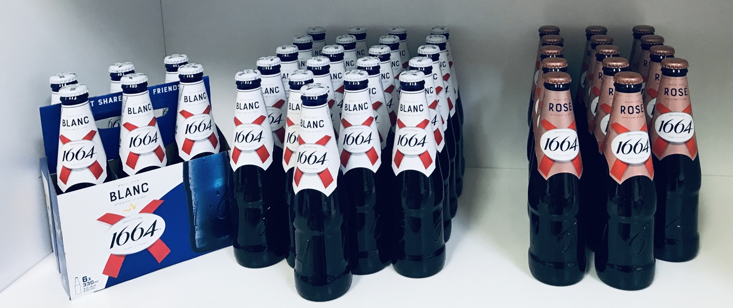 +M: Stort parti Kronenbrourg 1664 - herunder varianterne Blanc (27 enheder) Rosé (14)