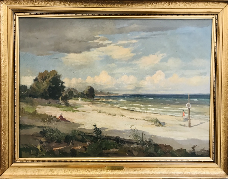 Maleri: 'Kystparti m. badegæster' (formentlig Hornbæk) skabt af Carlo Christoffer Hornung- Jensen (1882-1960)