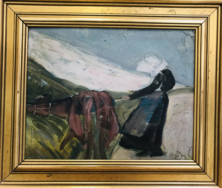 Maleri: 'Kvinde m. Ko' skabt af Emilie Demant Hatt (1873-1958)