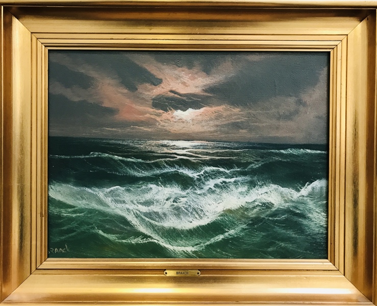 Maleri: 'Parti m. Brændning og solnedgang' skabt af P. Braack 