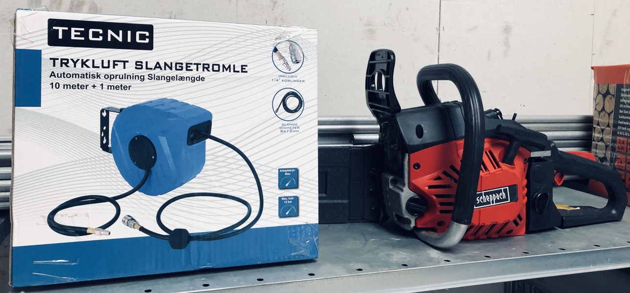 Sheppach CSP530S kædesav (benzin) samt Tecnic trykluft slangeopruller (10+1m)