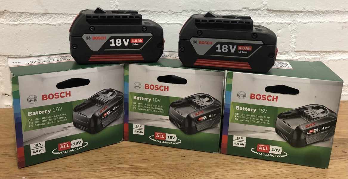 Bosch: 3 stk. 18 V/4,0 Ah Power For All Alliance batterier samt 2 stk. 18V/4,0Ah Ampshare batterier  (P 332/24)