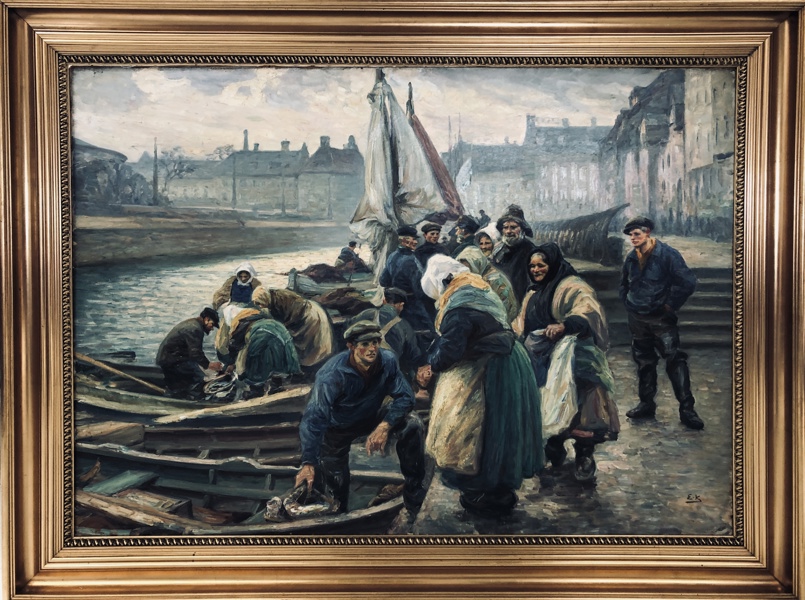 Maleri: 'Skovserkonerne tager imod dagens fangst
på Gammel Strand, set mod Stormgade' skabt af Emil Krause (1871-1945)