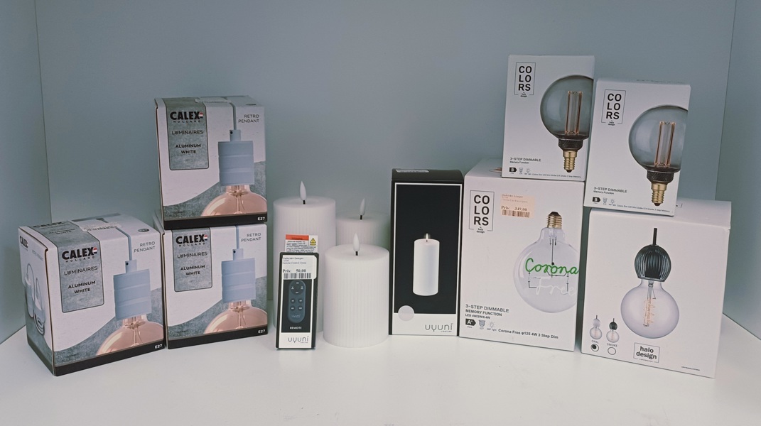 +M: Parti LED pære, pendel fatninger samt LED bloklys m. fjernbetjening (12 enheder) - herunder mærkerne: Halo Design, Calex og Uyuni