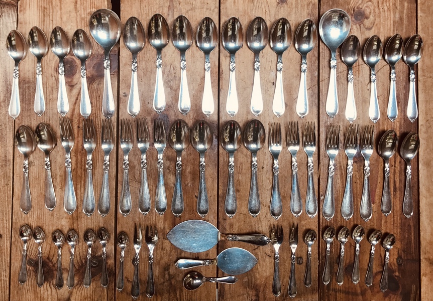 Samling af dansk sølvbestik (plet) - model Hertha fra Cohr (Atla) (58 enheder)