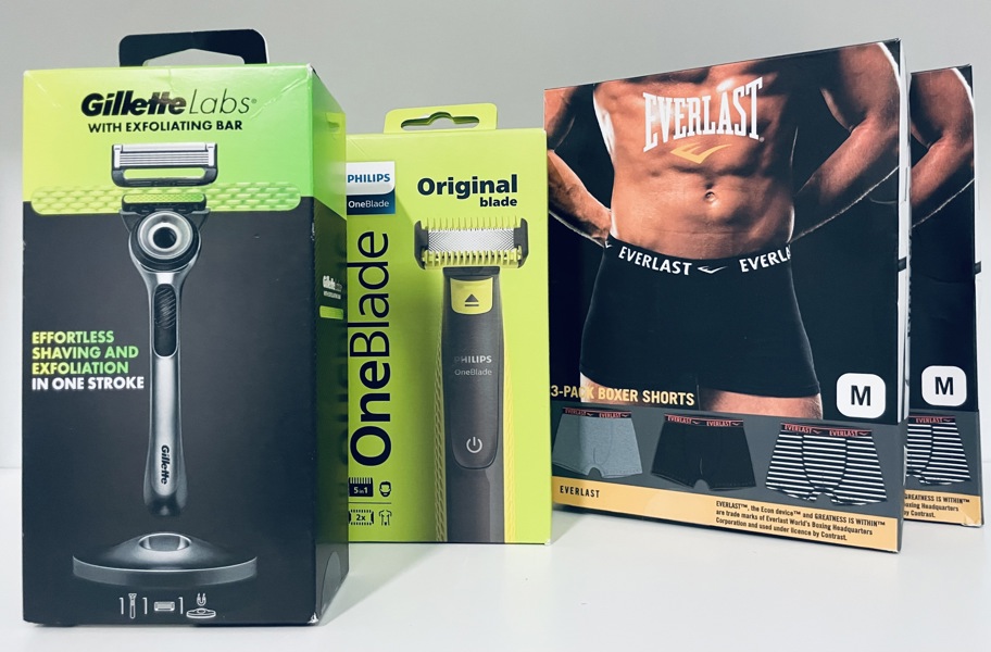 Philips QP2821/20  OneBlade-trimmer,  Gillette Labs Exfoliating barberskraber samt 2 stk. Everlast 3-pack boxers (medium) - (P 368, 370, 375/24)