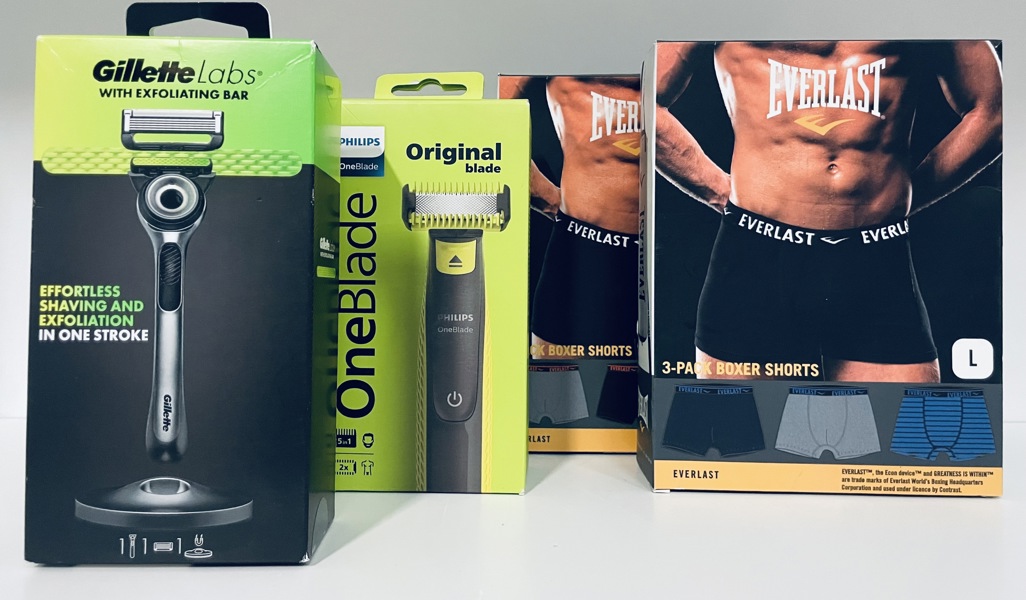 Philips QP2821/20  OneBlade-trimmer,  Gillette Labs Exfoliating barberskraber samt 2 stk. Everlast 3-pack boxers (large) - (P 368, 370, 375/24)