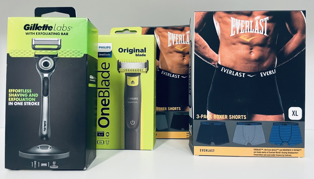 Philips QP2821/20  OneBlade-trimmer,  Gillette Labs Exfoliating barberskraber samt 2 stk. Everlast 3-pack boxers (x-large) - (P 368, 370, 375/24)