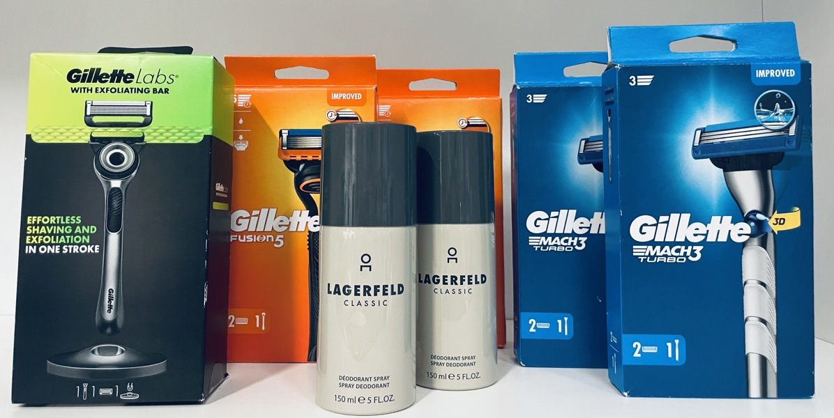 Gillette Labs Exfoliating barberskraber, 2 Gillette Mach 3 Turbo barberskrabere, 2 Gillette Fusion 5 barberskrabere samt 2 Karl Lagerfeldt deospray (P 175, 176, 262, 266, 370/24)