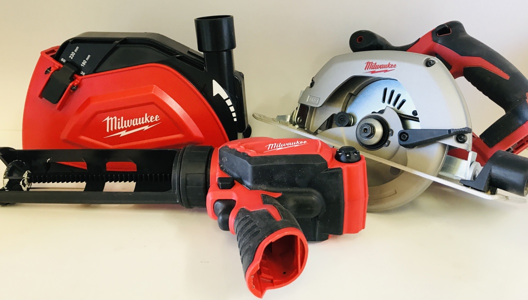 Milwaukee (akku):  HD18 CS/0 rundsav (3500 omdr./min), M12 PCG fugepistol samt DCE 230 udsugningssæt