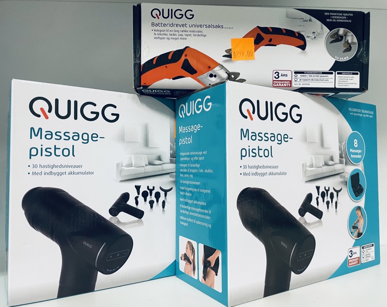 2 Quigg ANS-21-087 massagepistoler samt Quigg GT-SF-ASC-01 batteriet universalsaks (P 364, 365/24)