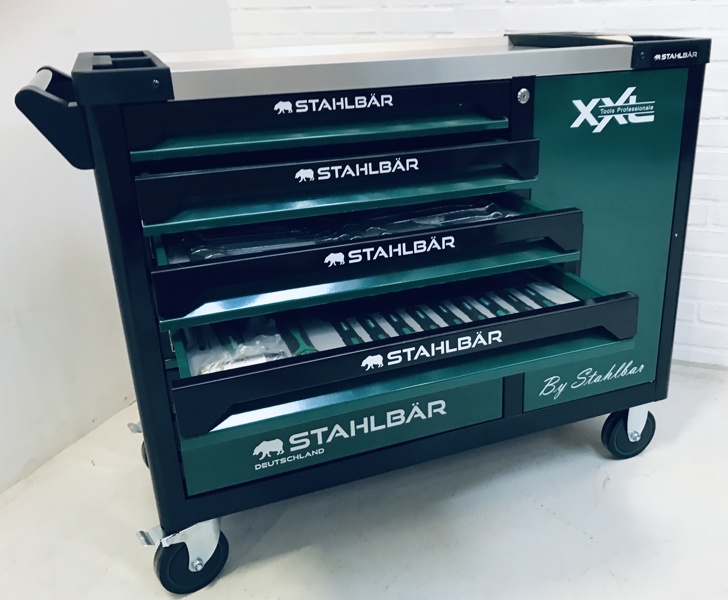 +M: Stahlbär Jumbo XXL Tools Professionel værkstedsvogn m. 7 skuffer, skab og værktøj (256 dele)
