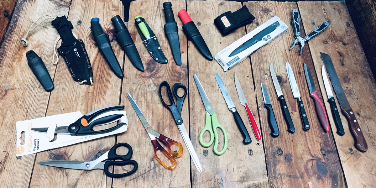 Samling af knive/sakse (mange enheder) - herunder Frosts Mora kniv, Morakniv Companion Spark kniv, Bahco Multi-Tool, Fiskars K40 kniv, Biltema outdoor kniv, Ernesto Kushion kniv m.fl.