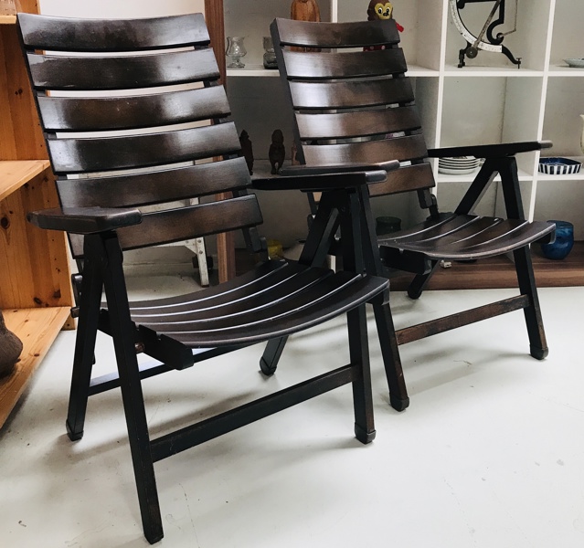 Herlag: 2 mid-century high-end havestole m. justerbar ryg af massivt træ