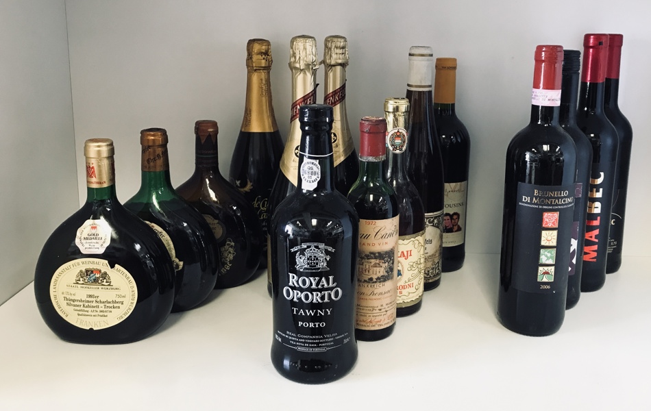 Samling af hedvin/spiritus (15 flasker) - herunder Royal Oporto Tawny Porto, Château Canon, Traiser Rotenfels Riesling Spätlese, Christopf H.S. Herfer samt Brunello di Montalcino