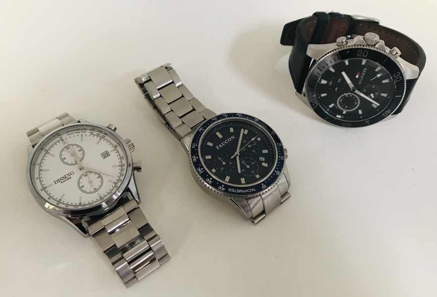 +M: Samling af ure (3 enheder) - Dissing New Age (D1653) chronogrpah, Faucon Speedtimer (F10014) chronograph samt Tommy Hilfiger 'Larson' chronograph (Å 2026-0840)