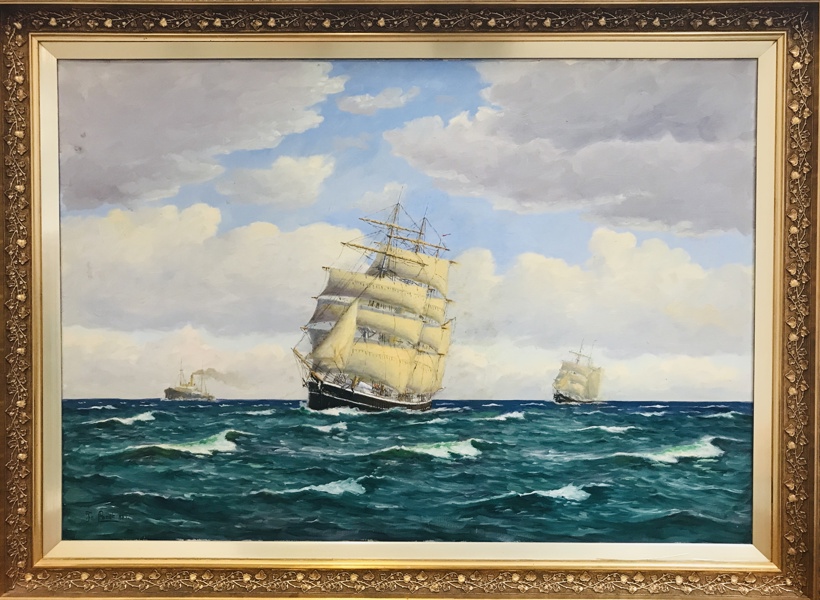 Maleri skabt af Frants Landt (1885-1975), marinemaleri - skibe på havet