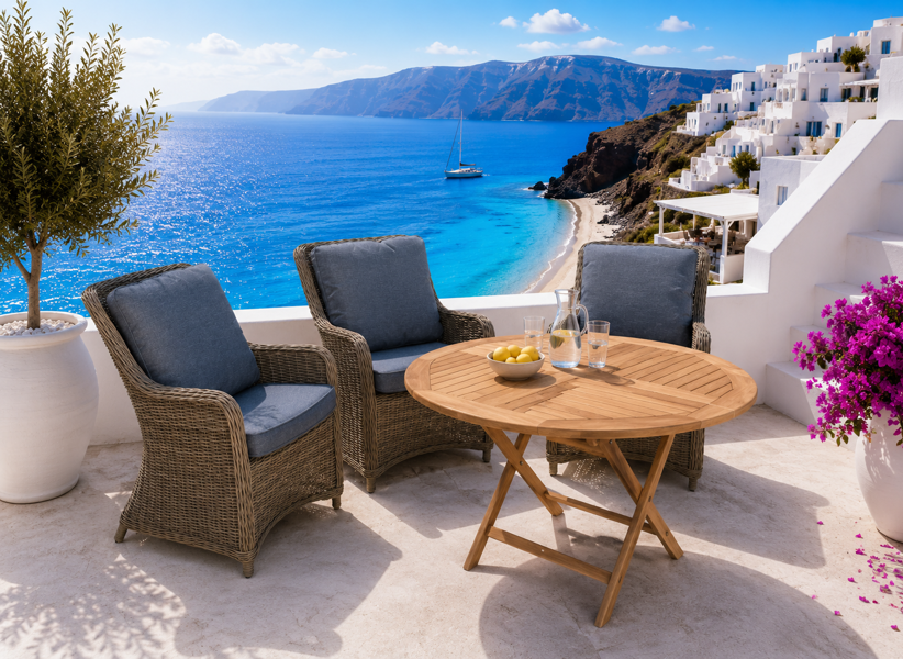 +M: 3 Rio havestole (polyrattan) m. tilhørende puder samt Boston havebord af teak, fremstillet for Lexpo Living