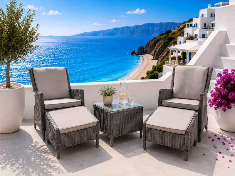 +M: Loungesæt (polyrattan): 2 loungestole m. trinløs indstilling (ryg), 2 fodskamler, side-/loungebord prydet m. glasplade samt tilhørende puder, fremstillet for Lexpo Living
