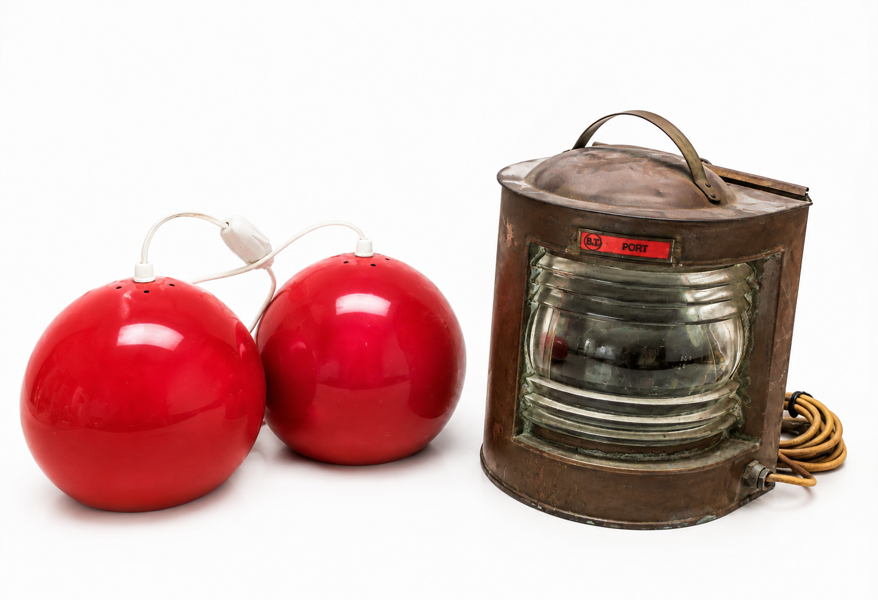 Klassiske røde danske Ball-pendler fra E.S. Horn samt B.T. Port skibslanterne af kobber og glas
