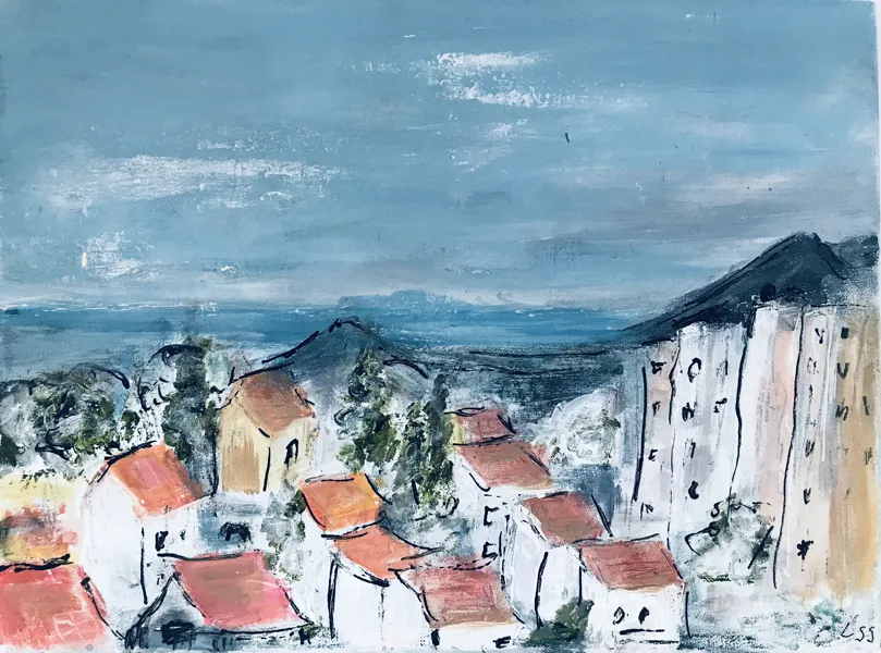 Maleri skab af Lise Saabye Simonsen (1941–2026), 'landsby-/landskabsmotiv'