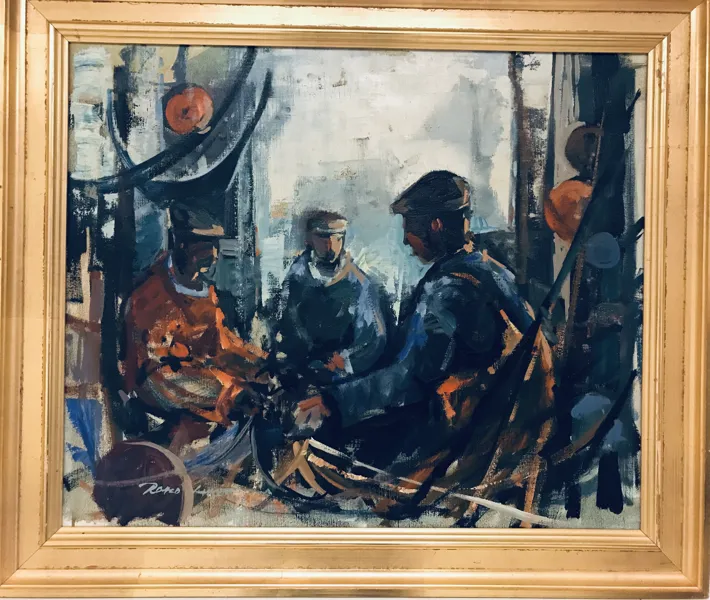 Maleri skabt af Roald Hansen (1938–2018), titel: "Fiskere røgter garn"