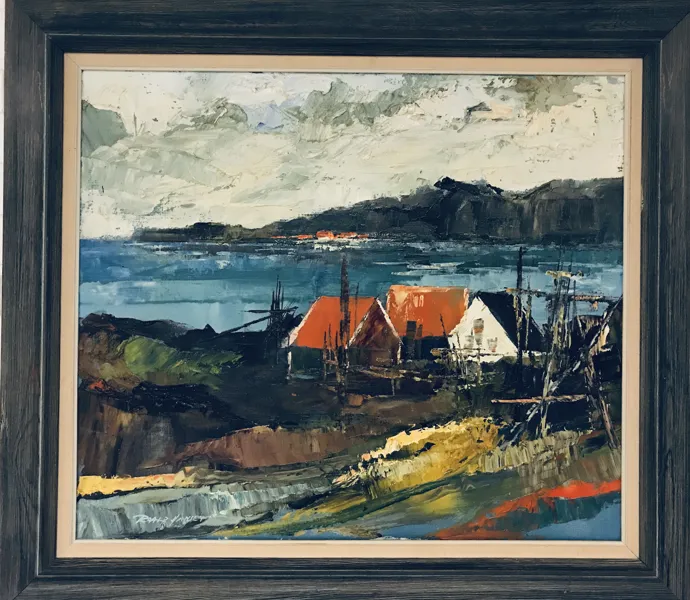 Maleri skabt af Roald Hansen (1938–2018), 'maritimt motiv m. fiskehuse og en kystlinje' (pastos)