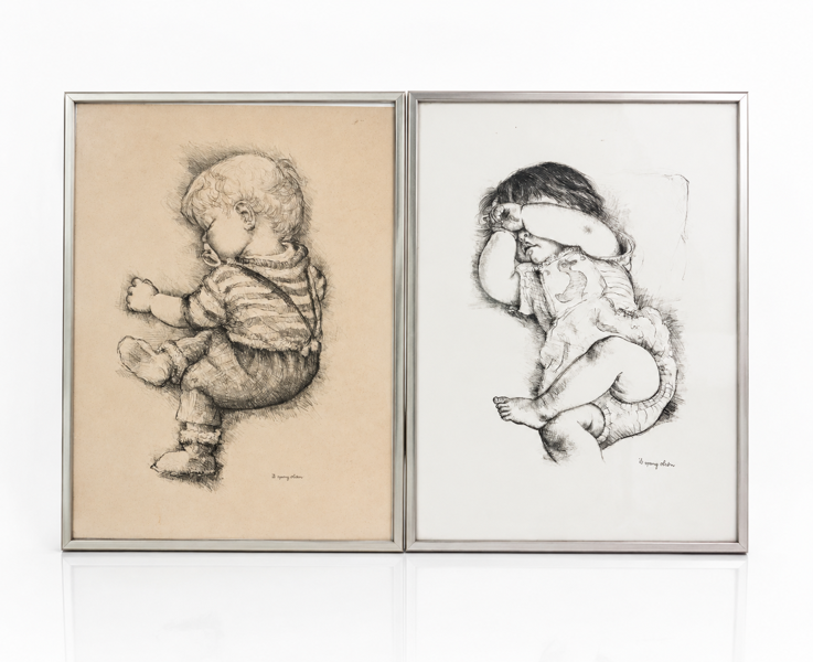 2 litografier: 'Sovende dreng' samt 'Sovende baby', ksabt af Ib Spang Olsen (1921 - 2012)