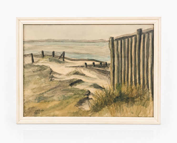 Akvarel 'Kystlandskab m. sandklitter', formentligt skabt af Christian Høyrup (1894–1964)