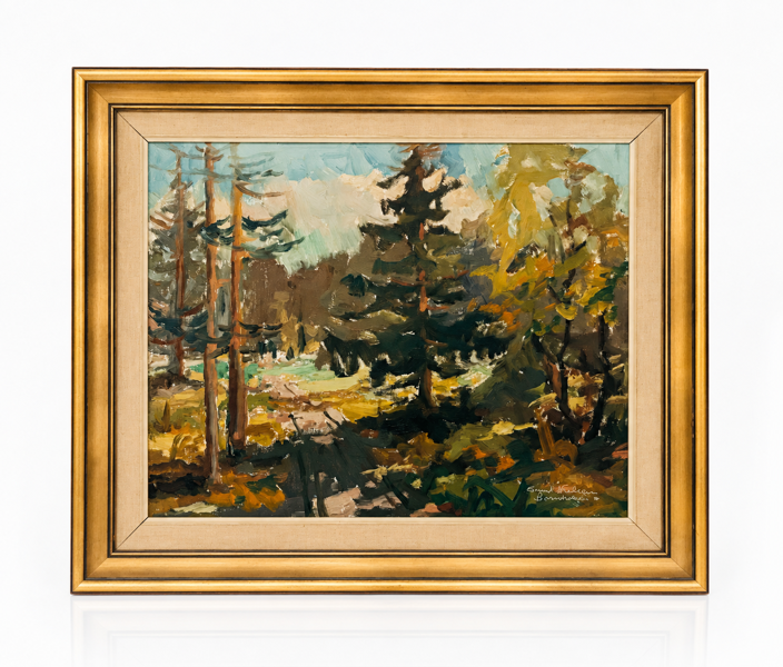 Maleri skabt af Svend Nielsen (1908–1993), 'Skovlandskab med vej og efterårsfarver'