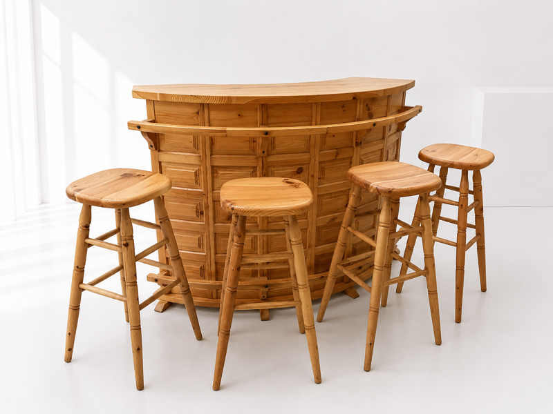 Mid-Century brutalistisk hjemmebar udført i fyrretræ m. 4 tilhørende barstole 