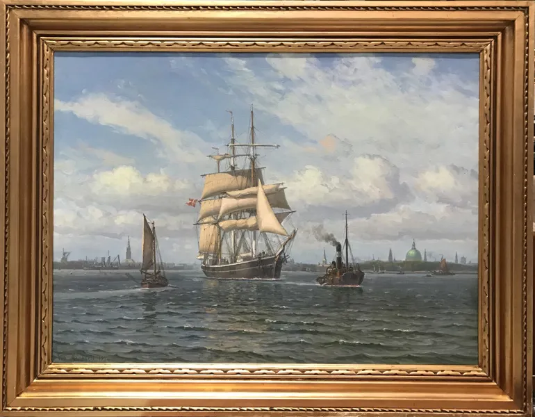 Maleri skabt af Vilhelm Carl Ferdinand Arnesen (1865-1948): 'Marineparti med kig mod Marmorkirken, København'