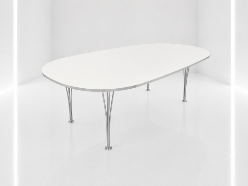 Ellipse sofabord udført i hvidt laminat prydet m. aluminiumskant og forkromede splitben, fremstillet ved