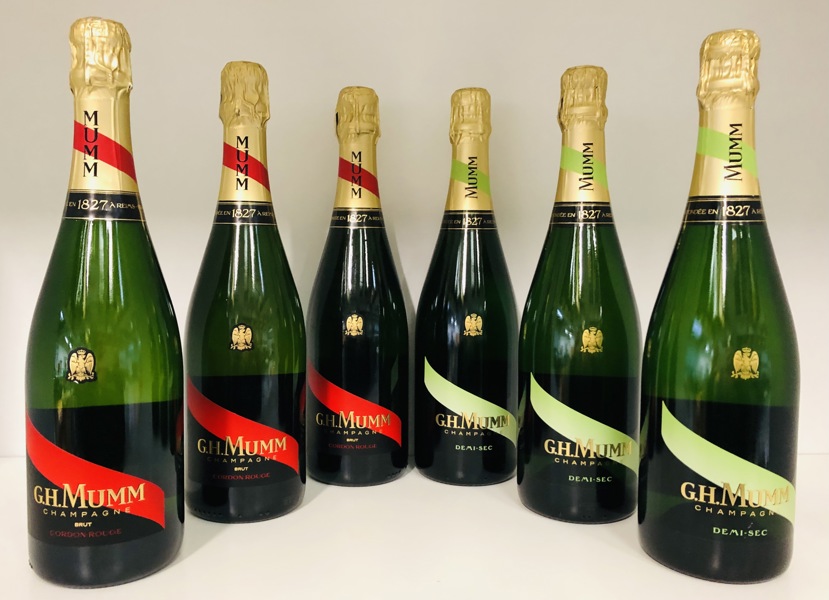3 fl. G.H. Mumm Cordon Rouge Brut champagne (750ml) samt 3 fl. G.H. Mumm Demi-Sec champagne (750ml) - (P 432/24)