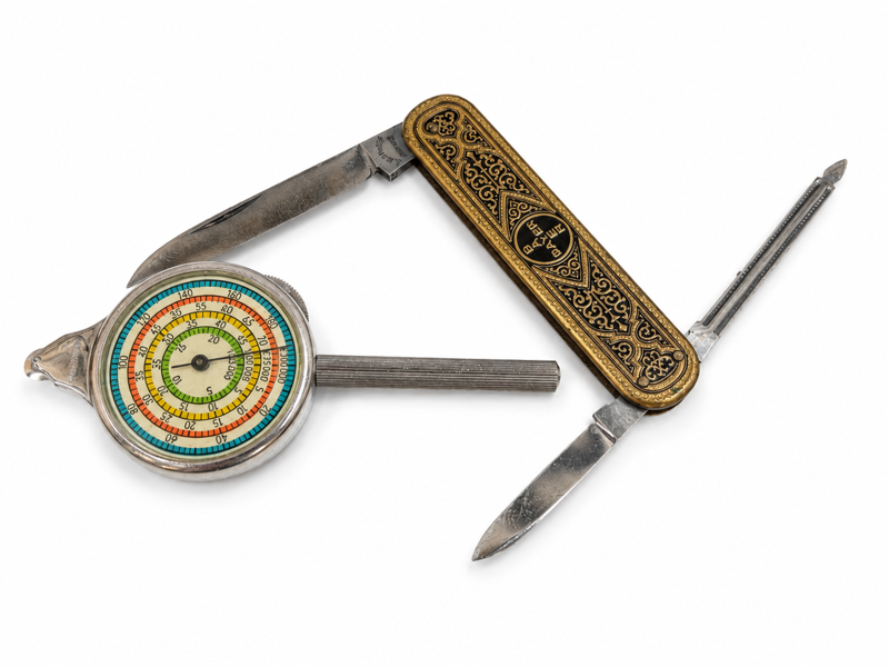 Vintage sjælden mid-century tysk J. Bierhoff Solingen foldekniv prydet m. Bayer-Bayer samt vintage kurvemåler/kurvemåleapparat (tegne- og opmålingsværktøj)